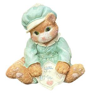 Calico Kittens YOU & Me Enesco 624748 1993 Cat Figurine Vintage Mint Green Hat